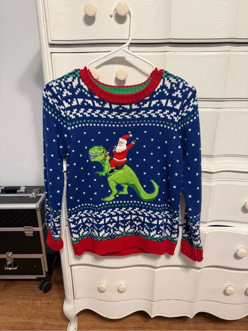 Blue Holiday Sweater with Santa on a Green T-Rex